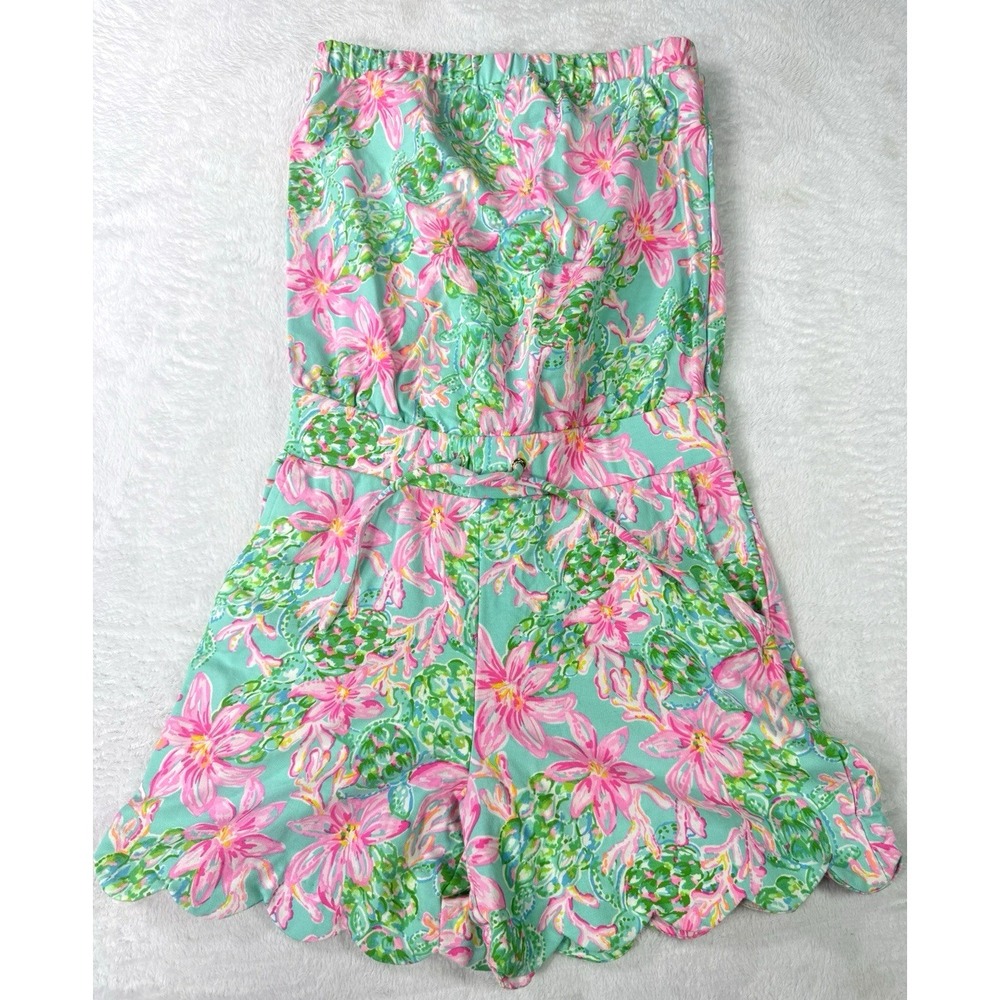 Lilly Pulitzer Jace Strapless Romper XXS Surf Blue So Shellegant Floral Beach